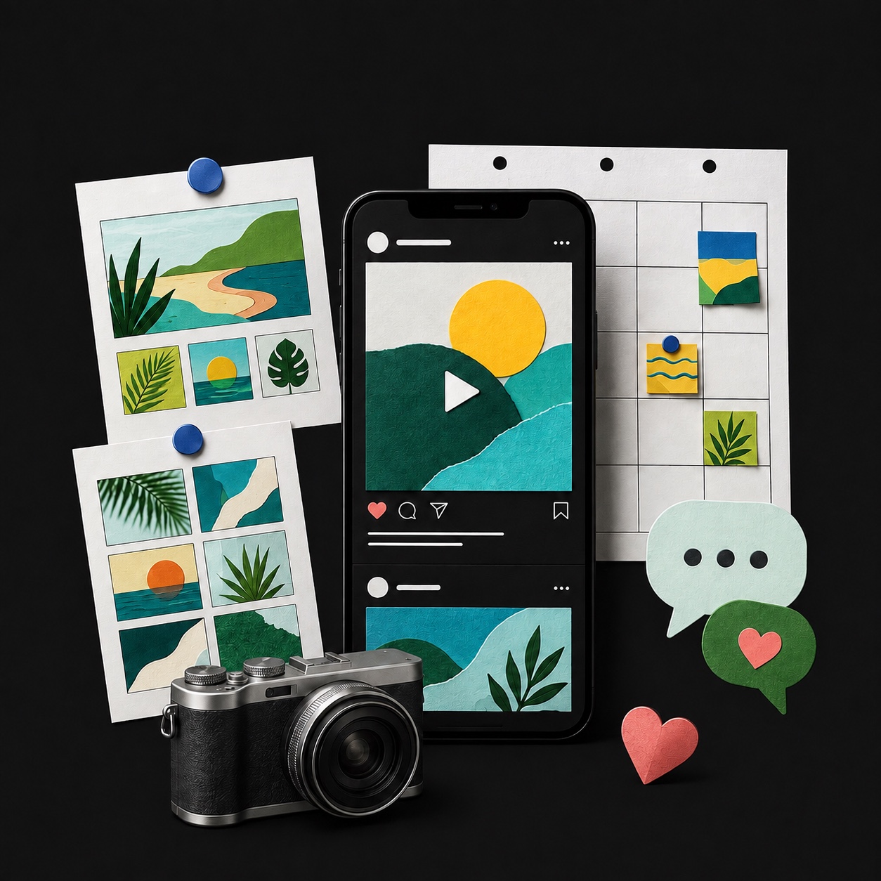 Colorful paper collage of a camera, tropical content storyboard, publishing calendar and social feed
