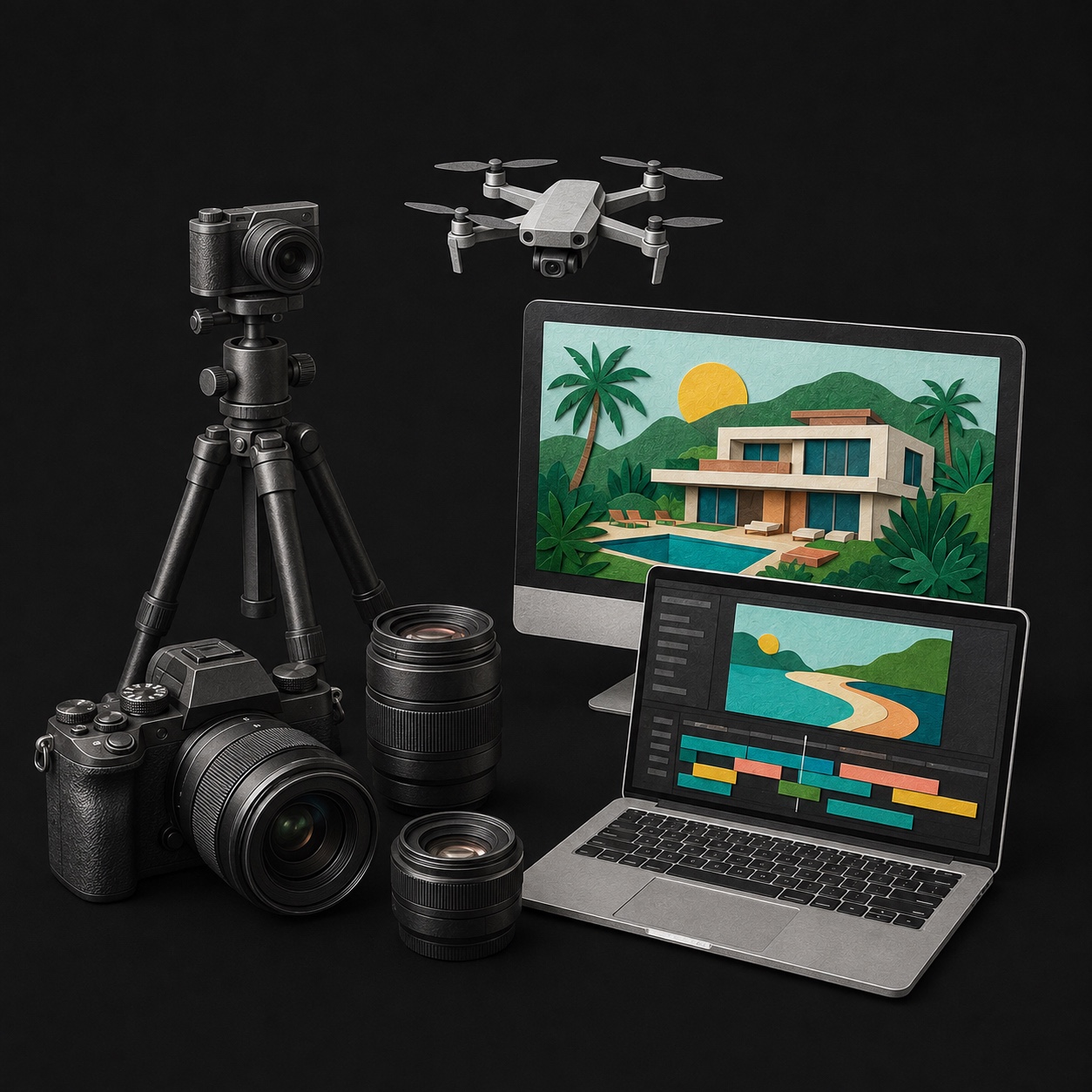 Illustrated studio equipment: camera and lenses, tripod, drone, desktop computer and laptop for editing property media