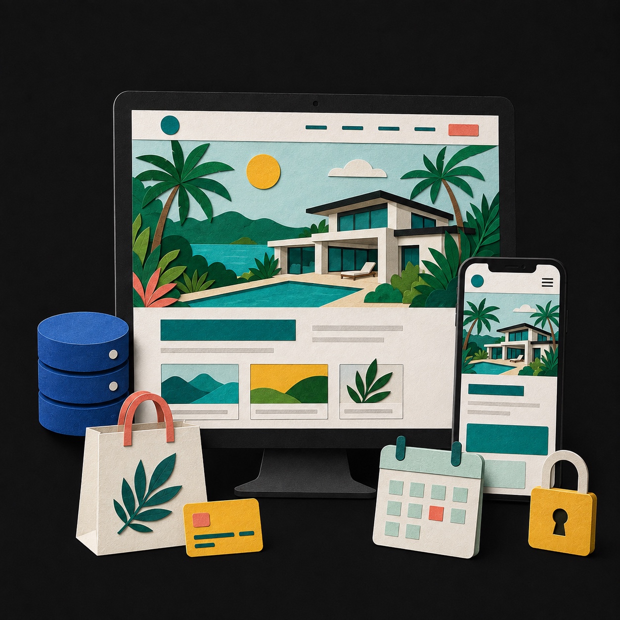 Colorful paper illustration of a responsive property website, database, booking calendar, shopping bag and secure checkout